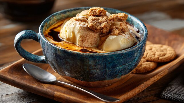Affogato with crushed amaretti cookies, crunchy texture contrast, rustic ceramic dish, soft warm shadows