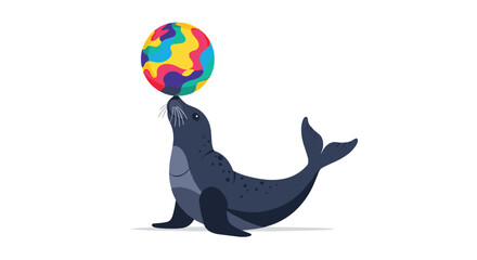 A charming circus seal balancing a colorful, abstract-patterned ball on its nose, illustrated in a clean, modern flat design style.