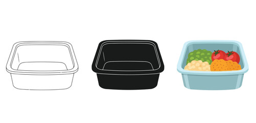 Plastic food containers Vector Set in Three Styles &mdash; Line Art, Silhouette and Color Version for Islamic Design, App UI, Posters and Branding	