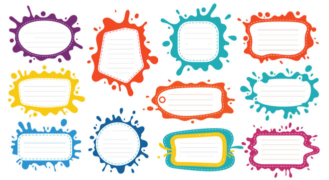 A colorful set of kids' name tags and labels with lined space for writing, designed with fun, bright paint splatters and splashes.