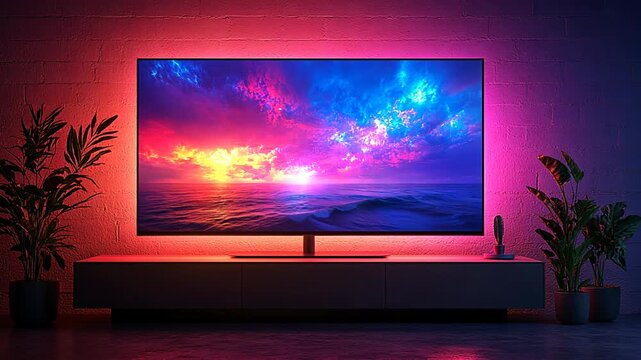 A large flat-screen TV displays a vibrant sunset over the ocean, enhancing the room's ambiance.