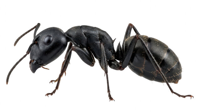 Detailed side view macro shot of a large, glossy black ant (likely a carpenter ant species) isolated against a clean white background, showcasing its segmented body and antennae.