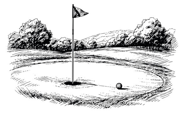 Hand drawn illustration of a golf course scene depicting a flag and golf ball on the green for sports and recreation