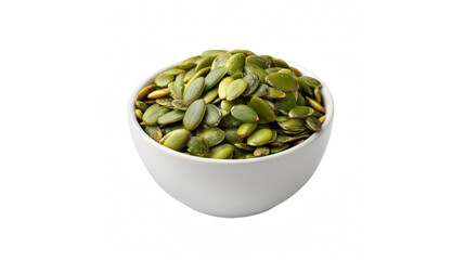 A small white bowl brimming with vibrant green shelled pumpkin seeds, a healthy snack