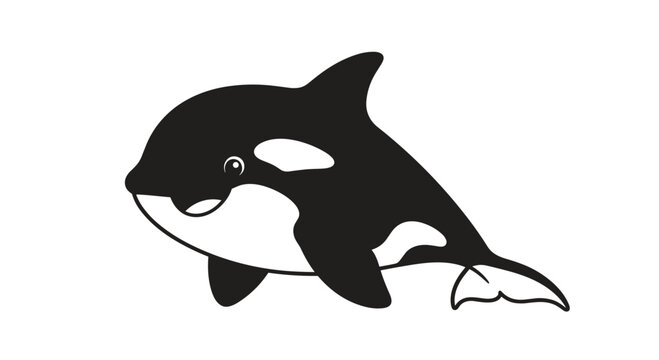 A cute and simple black and white illustration of a baby orca or killer whale, perfect for a logo, icon, or coloring page.