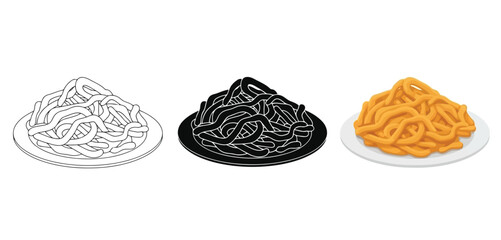 Iftar Plates of Pasta Vector Set in Three Styles &mdash; Line Art, Silhouette and Color Version for Islamic Design, App UI, Posters and Branding	