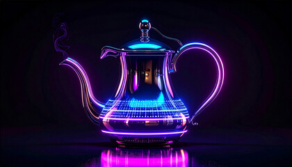 Cyberpunk Teapot with Neon Lights on High-Tech Glowing Platform
