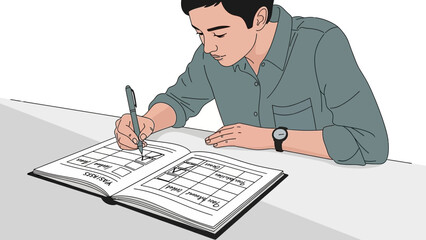 Man writing in planner, planning tasks, organization and productivity concept