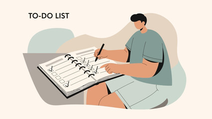 Man Writing To-Do List Checklist in Notebook, Planning Tasks and Goals