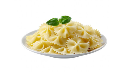Deliciously cooked farfalle pasta served on a white plate with a fresh basil leaf
