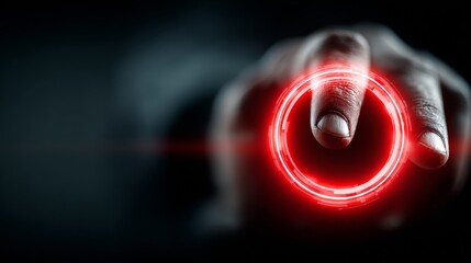 Digital interface activation with glowing red button and focused fingertip on dark background, symbolizing innovation and future technology.