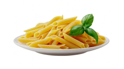 Uncooked golden penne pasta on a white plate adorned with fresh green basil ready for cooking