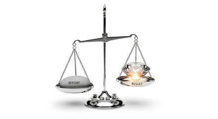 Silver balance scale comparing effort on one side with a sparkling diamond result on the other weighing