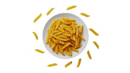 Golden penne pasta, perfectly cooked and presented on a white plate with a striking transparent background