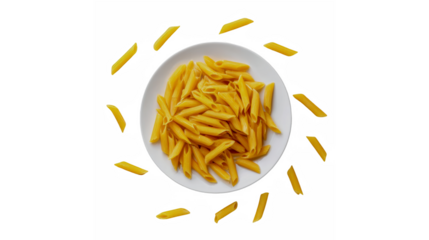 Golden penne pasta, perfectly cooked and presented on a white plate with a striking transparent background