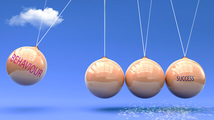 Behaviour produces Success. A Newton cradle metaphor in which Behaviour gives momentum to Success. Cause and effect relation between Behaviour and Success. ,3d illustration