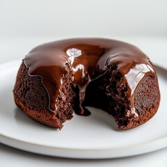 Chocolate cake doughnut dripping with melted chocolate glaze, sitting on pristine white plate, revealing decadent interior through enticing bite mark