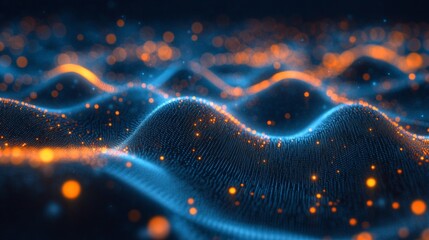 Glowing blue waves with digital particles create a futuristic look — this dynamic background is perfect for presentations of innovative technologies.