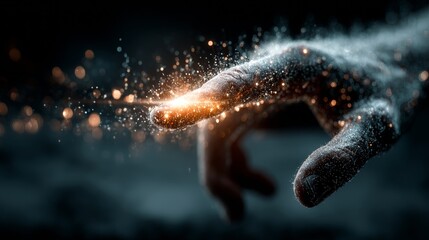 Hand reaching out, emitting sparkling energy and light particles, symbolizing innovation, creation, or a magical touch
