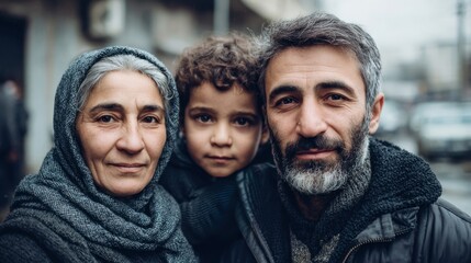 portrait of a family, three generations, looking at the camera