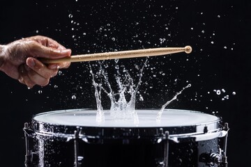 Percussionist striking snare drum, generating dramatic water splashes on dark background, highlighting rhythmic energy and visual impact of musical performance