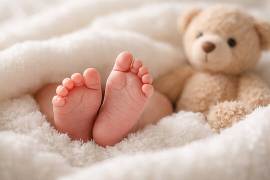 Baby feet peeking from a fluffy blanket with teddy bear in background &mdash; cozy nursery vibe