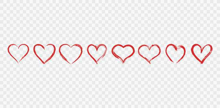 Romantic Grunge Love Vector Heart stamps, shape frame with brush painting isolated 
on transparent background, Hand Drawn heart brush painting  Valentine Celebration Illustration