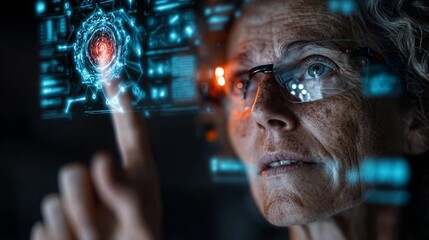 Focused senior woman interacting with a futuristic holographic interface, analyzing complex data streams with intense concentration