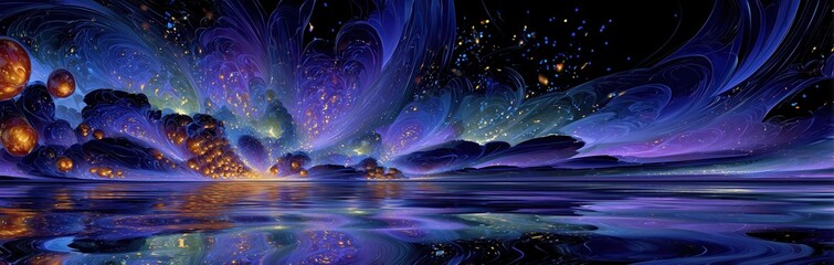 Vibrant Cosmic Night Sky Over Tranquil Water Landscape