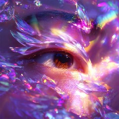 Surreal Close-Up of Eye with Iridescent Crystal Shards and Vibrant Lights