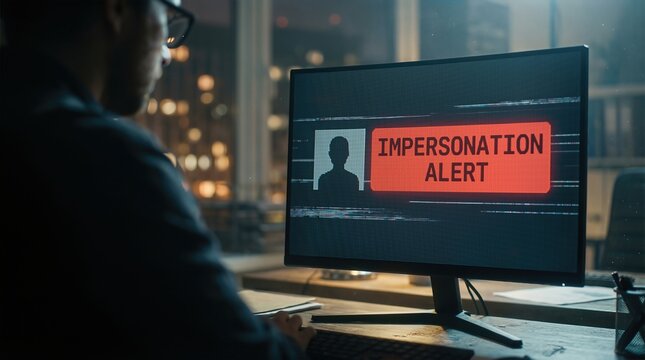 Individual seated at desk, focused on computer screen displaying an impersonation alert, highlighting the dangers of deepfake identity theft in a modern workspace environment