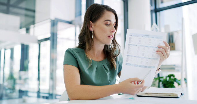 Business woman, accountant and discussion with documents for finance, payslip or revenue in office. Female person, accounting or meeting with paper, financial expenses or company budget in workplace