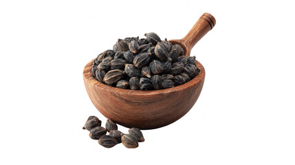 Nutritional and aromatic black cumin seeds presented beautifully in a wooden bowl