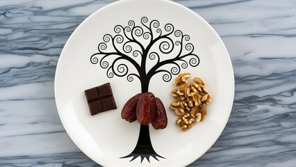 Healthy dessert plate with dates, walnuts, dark chocolate, tree drawing on white dish