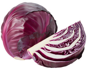 Purple Red Cabbage Whole and Sliced Cross Section Fresh Crisp Leaves, Vibrant Purple Vegetable Cut in Half on transparent background