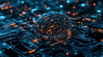 A futuristic digital brain on a circuit board with neon lights and microchips