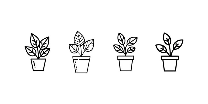 Potted houseplant icon set decorative green foliage growth nature botany garden vector symbols.