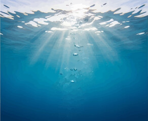 Obraz premium Underwater sunlight beams piercing through blue ocean waves, with rising bubbles