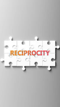 Reciprocity complex like a puzzle - pictured as word reciprocity on a puzzle pieces to show that reciprocity is complex and needs cooperating pieces that fit together. ,3d illustration