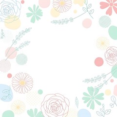 Abstract gentle spring floral frame border with soft pastel color dots and line drawing flowers background