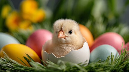 Easter chick hatching egg colorful eggs grass flowers spring background. Cute baby bird eggshell pastel decoration holiday celebration. Adorable fluffy yellow newborn seasonal festive nature scene.
