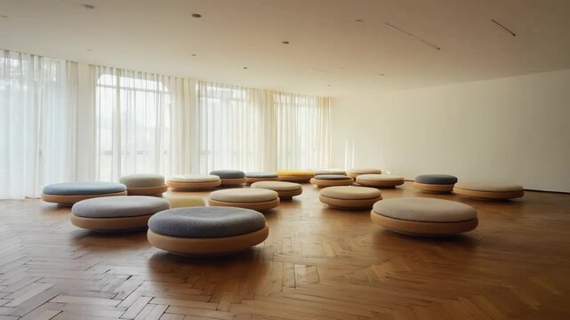 A spacious room with multiple round, low-profile seating cushions in neutral colors. Soft modular foam cushions are arranged on a wooden floor beneath large windows.