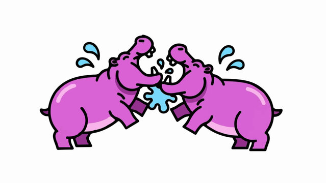 Two playful cartoon hippos splash water at each other