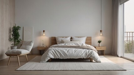 Fototapeta premium A serene minimalist bedroom featuring a wooden bed, soft bedding, and natural light for a calming atmosphere.
