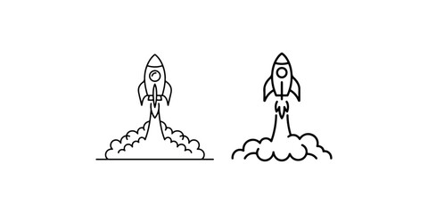 Space rocket launch icons with smoke clouds for startup business growth and exploration