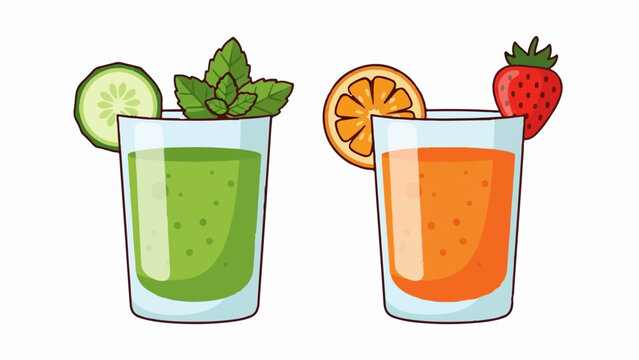 Two refreshing drinks one green smoothie with mint and cucumber, and one orange juice with a strawberry slice
