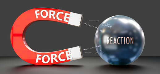 Force attracts Reaction. A metaphor showing force as a big magnet attracting reaction. Analogy to demonstrate the importance and strength of force. ,3d illustration