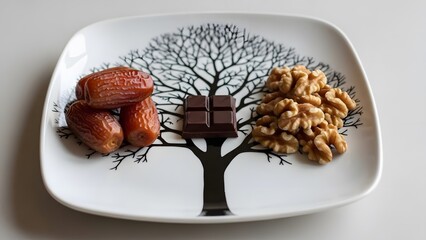 Dates chocolate and walnuts on plate with tree illustration healthy snack food