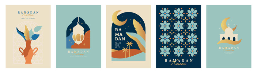 Set of Ramadan Kareem greeting card designs in modern minimalist style, featuring crescent moon silhouette, lantern, boho vase with leaves, and mosque in pastel colors, vector illustration.