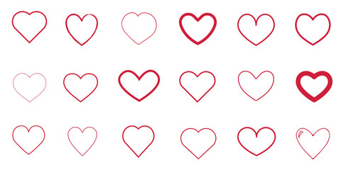 Heart Outline Icon Collection Vector Set - Hand Drawn Love Romance Symbol Pink Red Line Sketch Doodle Valentine Wedding Romantic Shape Bundle Minimalist Simple Design Element Clipart Greeting Card Tem